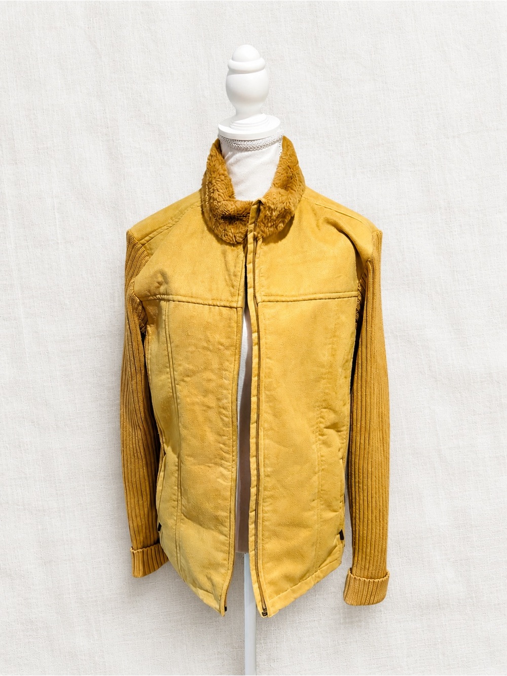 Men's Mustard Yellow Puffer Jacket with Faux Fur Collar